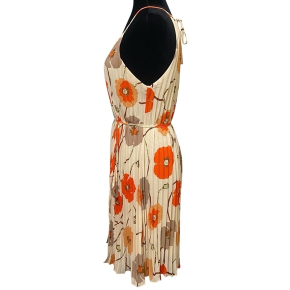 Ellames Orange Floral Pleated Swing Dress Retro Poppy Print Belted Medium - Picture 3 of 8